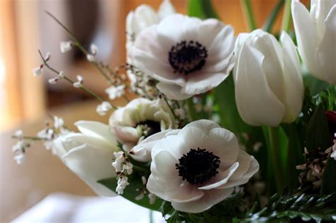 Bouquet di anemoni bianchi e rose