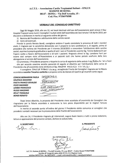 Esempio di verbale di riunione del Consiglio Direttivo