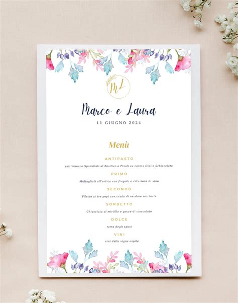 Illustrazione di un menu di matrimonio con piatti e bevande
