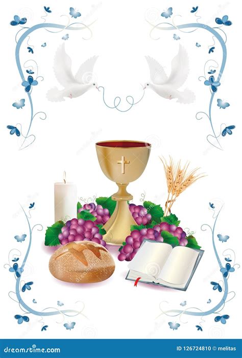 Simboli dell'offertorio: pane, vino, candela, Bibbia, chiavi, roccia
