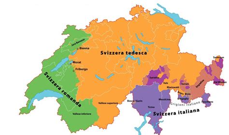 Mappa della Svizzera con evidenziate le città di lingua italiana e francese