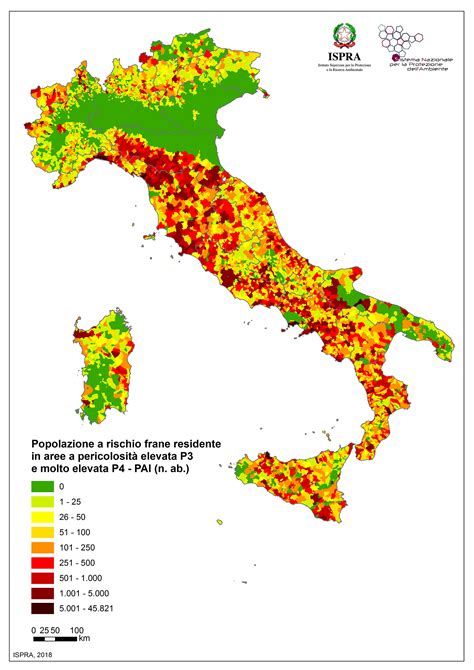 Mappa che illustra le zone a rischio idrogeologico in Italia