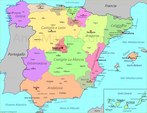 Mappa della Spagna con evidenziate le zone costiere e le isole popolari per i matrimoni