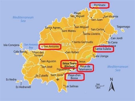 Mappa delle zone principali di Ibiza per l'alloggio e il divertimento