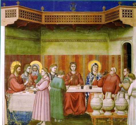 Rappresentazione delle Nozze di Cana con Gesù, Maria e le sei anfore