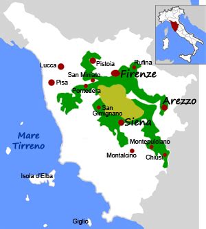 Mappa della regione del Chianti con Siena e i borghi circostanti