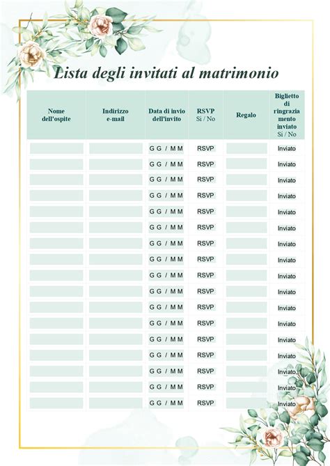 Schema lista invitati matrimonio