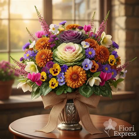 composizione floreale con rose rosse, viole del pensiero e peonie