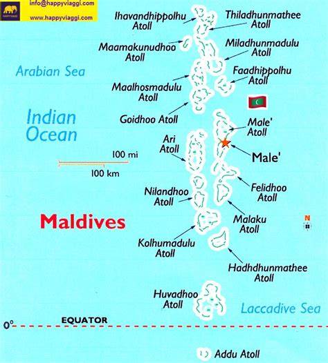 Mappa delle Maldive con evidenziati gli atolli principali