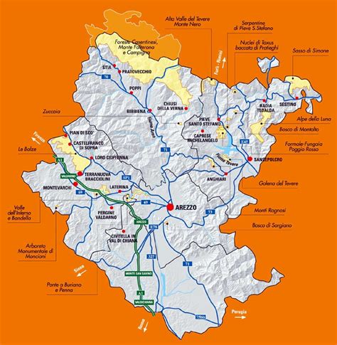 Mappa della provincia di Arezzo con evidenziate le località dei frantoi
