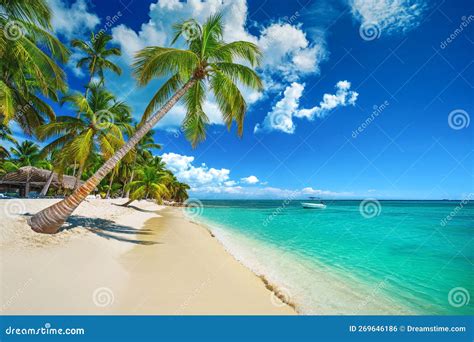 Spiaggia caraibica con palme e mare turchese nella Repubblica Dominicana