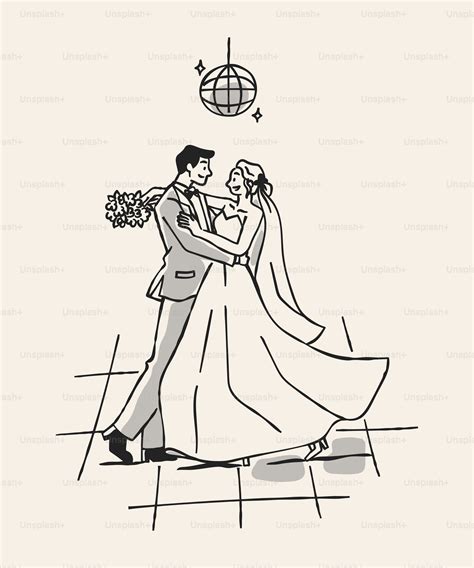 Illustrazione di una coppia di sposi che balla circondata da invitati felici