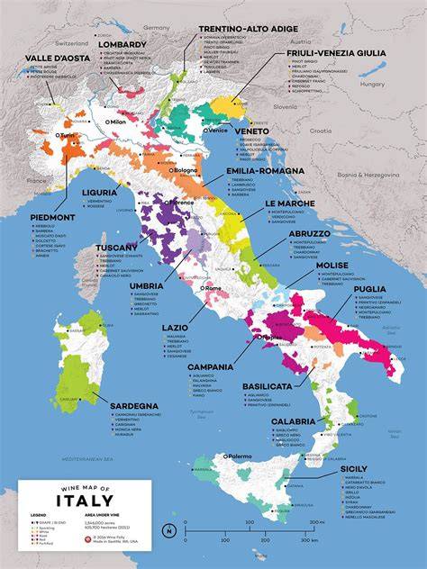 Mappa delle regioni vinicole italiane (Langhe, Franciacorta, Tuscia)
