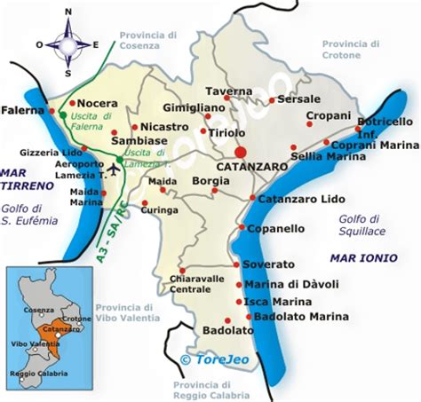 Mappa della provincia di Catanzaro con evidenziate zone turistiche