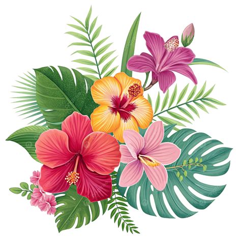 Composizione floreale tropicale con ibisco e foglie di palma