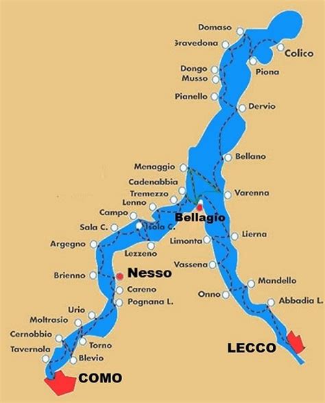Mappa del Lago di Como con possibili itinerari