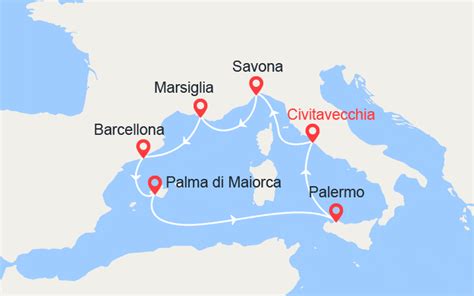 Mappa del Mediterraneo con itinerari di crociera