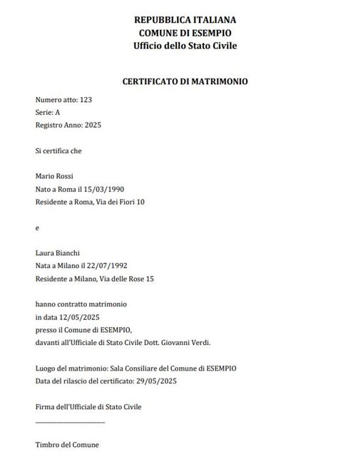 Esempio di certificato di matrimonio simbolico