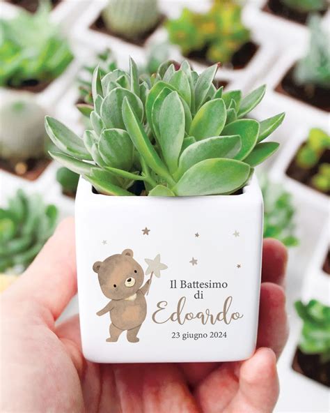 Esempio di bomboniera combinata per matrimonio e battesimo: una piccola piantina con tag personalizzato.