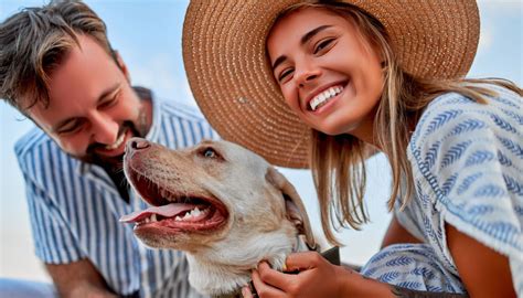 Coppia felice con cane in vacanza