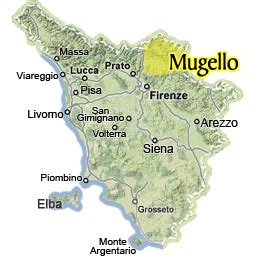 Mappa della regione del Mugello con evidenziata la posizione di Barberino di Mugello