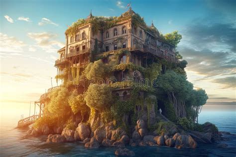 Illustrazione di una casa incantata su un'isola