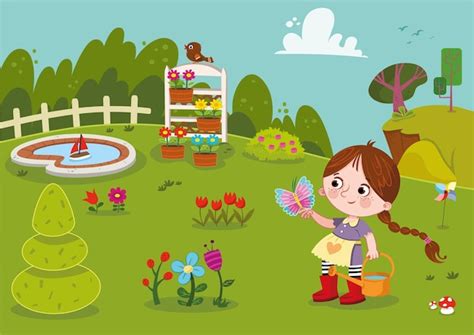 Illustrazione di una bambina in un giardino fiorito