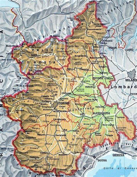 Mappa del Piemonte con evidenziate le città di Cherasco e Torino