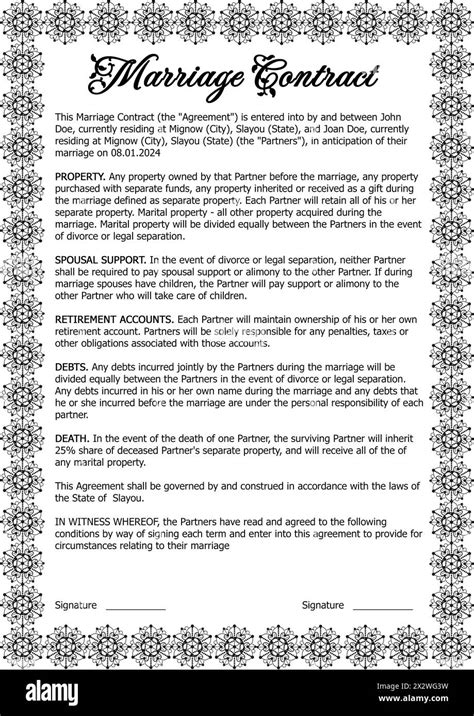 documento di contratto di matrimonio