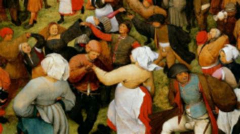 Vista ravvicinata di un dettaglio della Danza Nuziale di Bruegel, con figure che danzano e suonano strumenti.