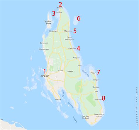 Mappa di Zanzibar con le principali località turistiche