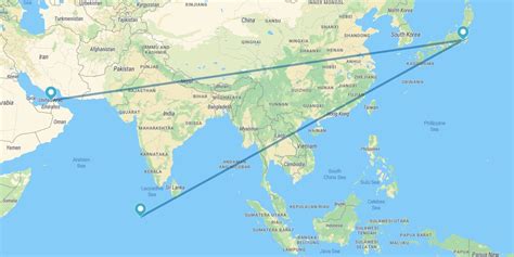 Mappa che mostra il percorso da Dubai a Tokyo e poi alle Maldive