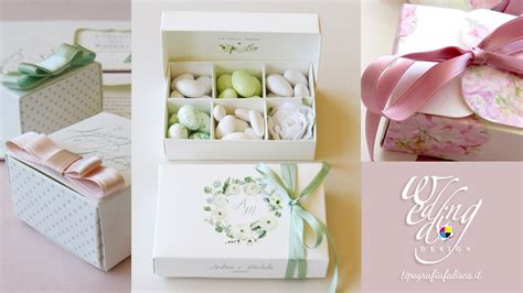 Esempi di scatole personalizzate per matrimonio con diversi materiali e decorazioni