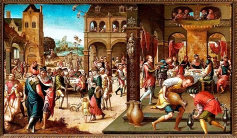 Illustrazione della parabola del grande banchetto con Gesù che invita i poveri, gli storpi e i ciechi.
