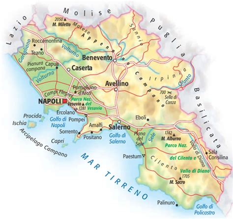 Mappa della Campania con evidenziate zone note per la produzione di limoni e confetti